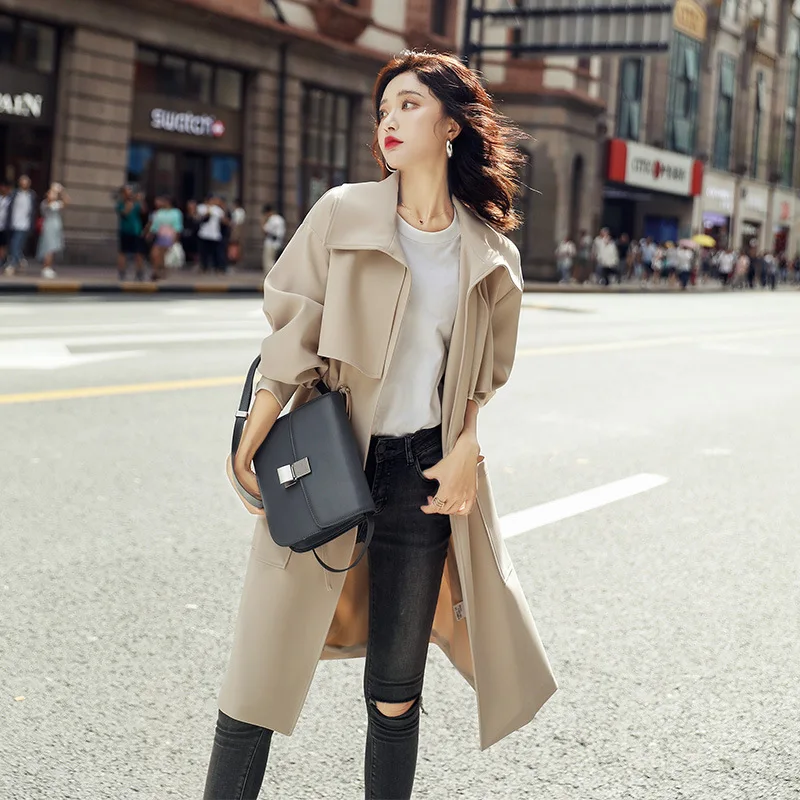 

Korean-style Overcoat Trench Coat Women's 2019 Autumn New Style Solid Color Fashion Simple Fold-down Collar Long Sleeve Trench C