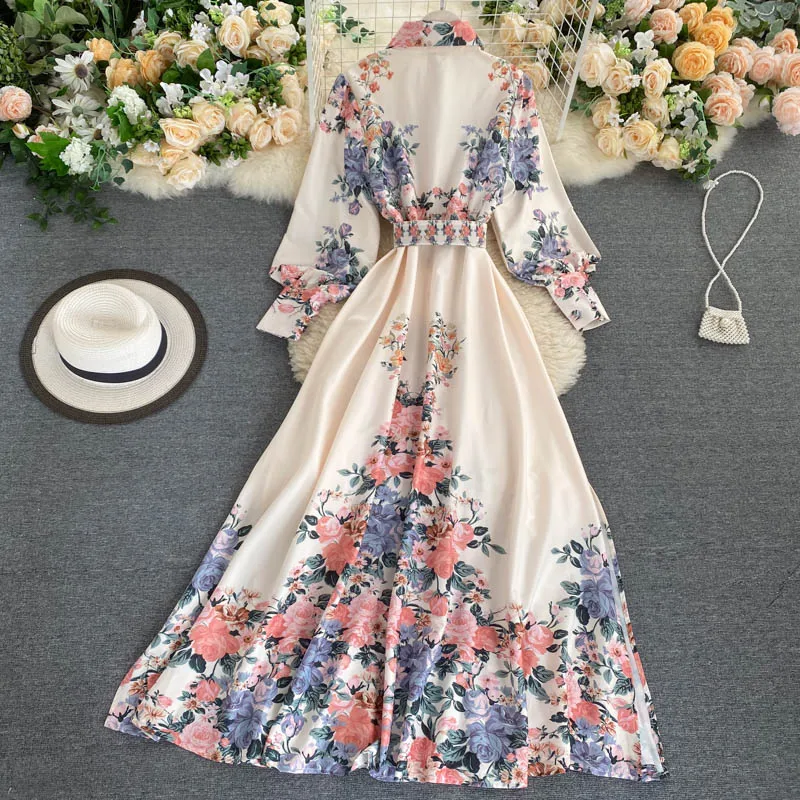 LY VAREY LIN 2022 New Autumn Floral Print Dresses Women Turn Down Collar with Belt Single Breasted High Waist A Line Slim Dress maternity dresses