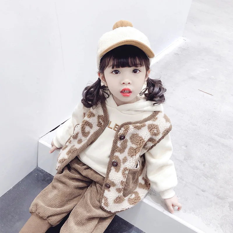 

Baby Girls Set Winter Western Style Children Leopord Pattern Waistcoat Small CHILDREN'S Brushed And Thick Hoodie Three-piece Set