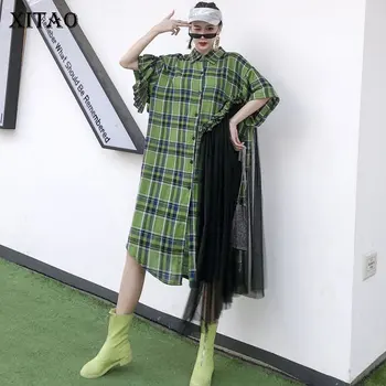

XITAO Mesh Plaid Blouse Ruffle Single Breast Plus Size Patchwork Irregular 2020 Spring Summer Minority Elegant Shirt XJ3722