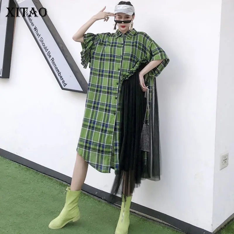 Клетчатая блузка XITAO с рюшами на одной груди большого размера в стиле пэтчворк