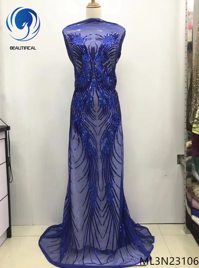 

Beautifical Blue african lace fabrics embroidery sequins tulle lace fabric for dress High quality nigerian lace fabric ML3N231