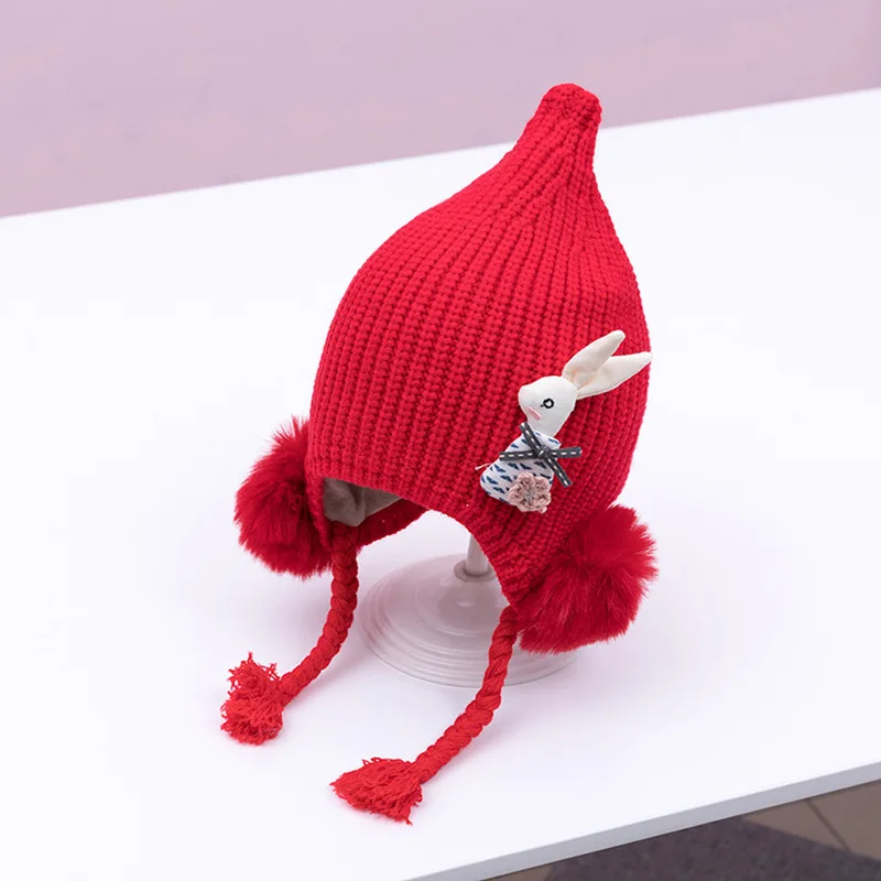 С изображением кролика Шляпы для девочек с войны наушники со шнуровкой шапка теплая одежда с ушками, Детская Пижама, для детей, Шапки шапочки для младенцев, малышей капот детская зимняя шапка - Цвет: Красный