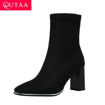 

QUTAA 2020 Slip On New Autumn Winter Pointed Toe Ankle Boots PU+Flock Fashion Square High Heel Women Shoes Size 34-39