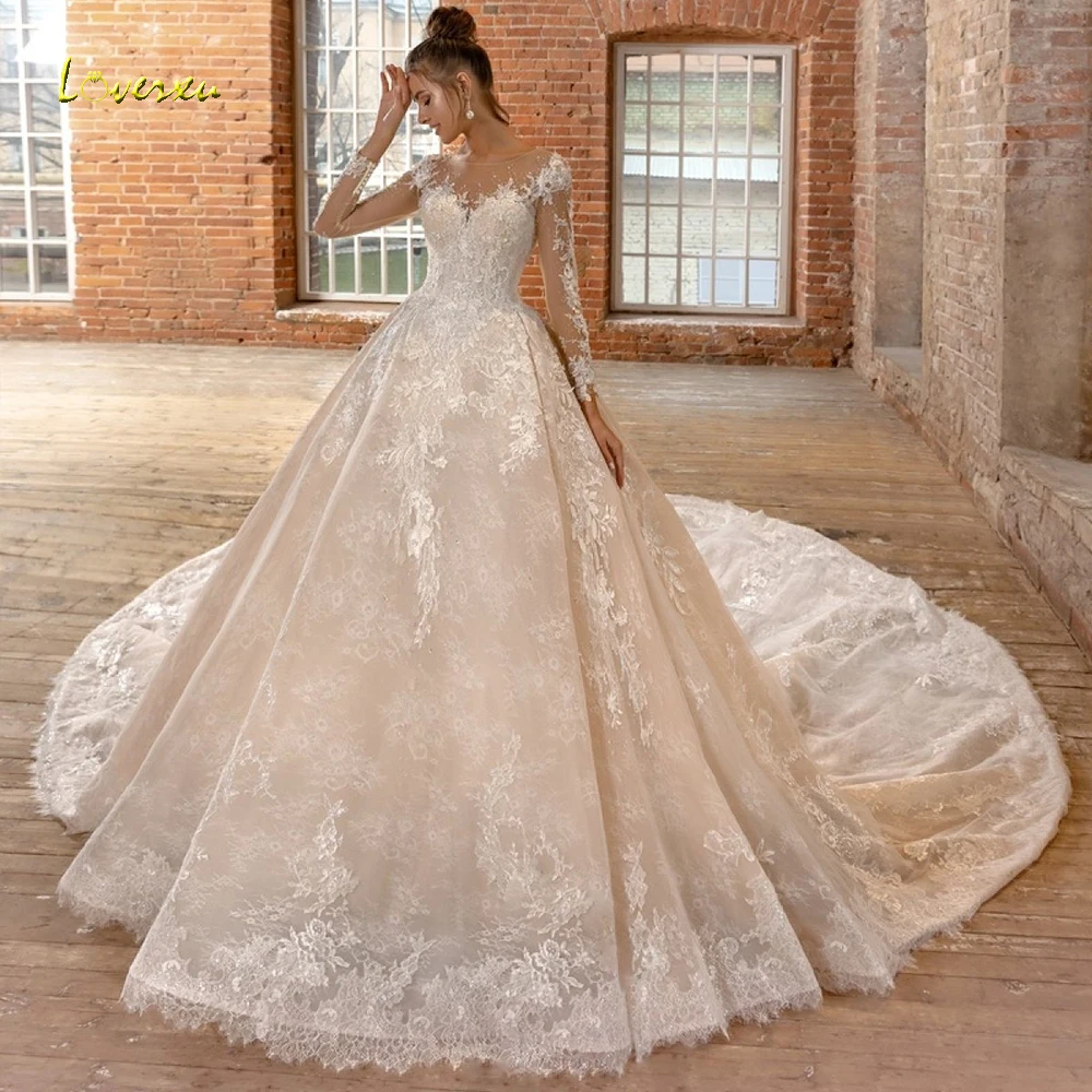 

Loverxu Scoop Ball Gown Lace Wedding Dresses 2019 Appliques Beading Long Sleeve Lace Up Bride Dress Cathedreal Train Bridal Gown
