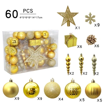 

60 Pcs Christmas Tree Assorted Decorations Golden Star Balls Gifts Snowflakes Ornaments for Festival Holiday and Party