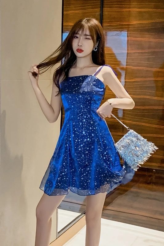 Без рукавов выше колена модное мини-платье А-силуэта элегантный, на бретельках с открытой спиной сексуальное синее короткое коктейльное платье