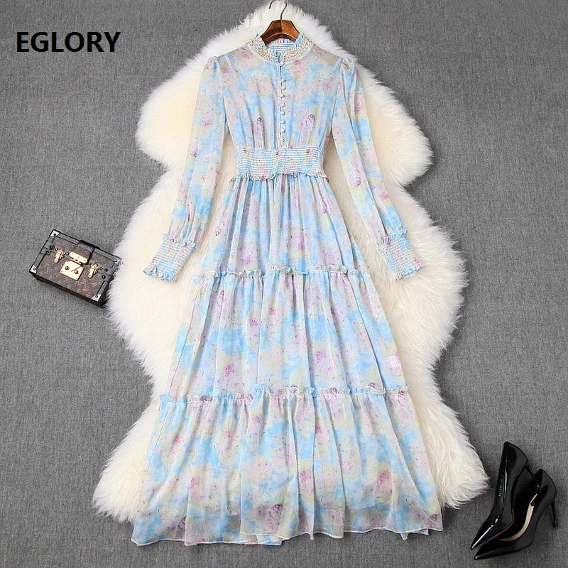 Hoge Quaity Chiffon Lange Jurk 2020 Lente Zomer Vrouwen Ruches Kraag Gouden Kralen Deco Elastische Taille Lange Mouw Maxi Jurk Hoge Quaity Chiffon Lange Jurk 2020 Lente Zomer Vrouwen Ruches Kraag Gouden Kralen Deco Elastische Taille Lange Mouw Maxi Jurk