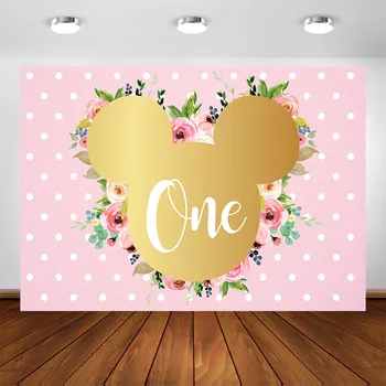 

Golden Minnie Pink Dots Birthday Party Backdrop Decoration Girl Birthday Banner Selfie Photo Booth Background Custom Name Age