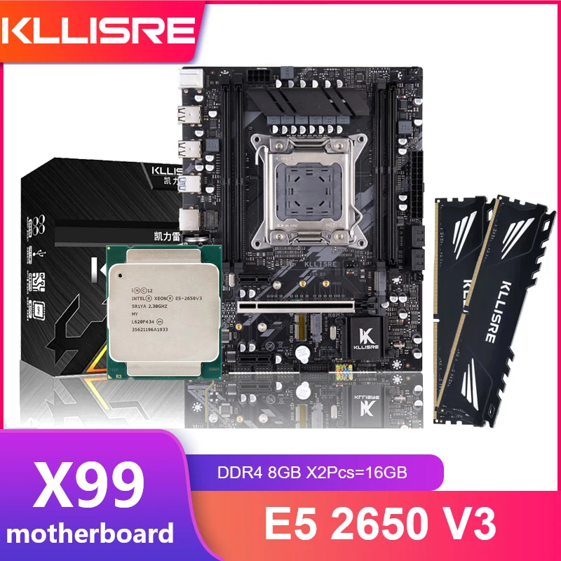 Комплект из материнской платы Kllisre X99 процессор Xeon E5 2650 V3 LGA 2011-3 2 шт. X 8 ГБ = 16 Гб 2666