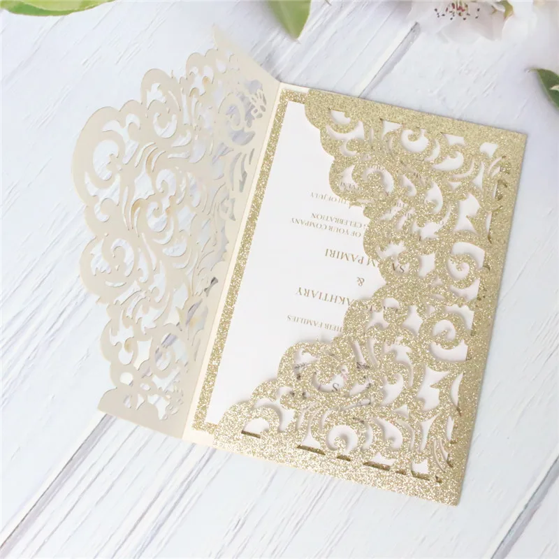 

Glitter invitations hollow gold silver rose gold wedding bridal gift card birthday greeting card customized printing
