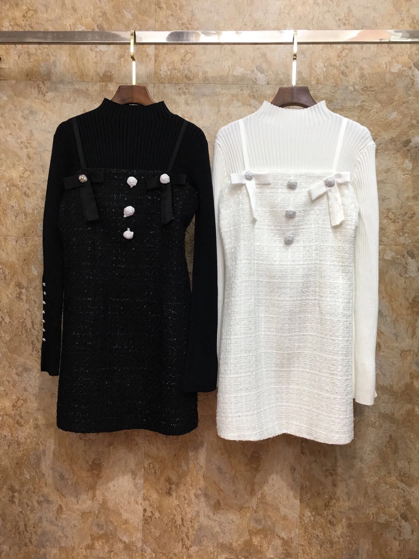 

2019 New Fashion Two-piece Set Knit Long Sleeve Top & Woolen Dress Elegant& Vantage Black & White Free Shipping