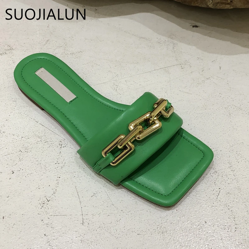 SUOJIALUN 2021 Women Slippers Fashion Green Ladies Flat Heel Slides Summer Outdoor Beach Slip On Sandal Shoes Female Flip Flops