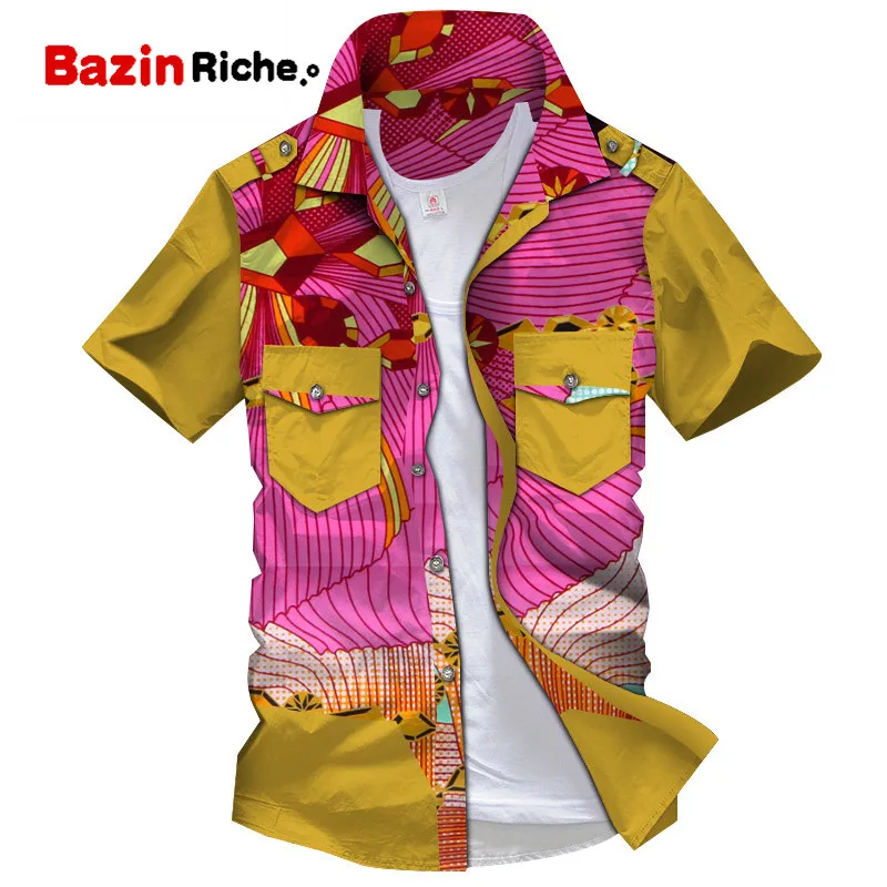 Дашики Мужская Топ рубашка Bazin Riche африканская мужская одежда 100% хлопок Печать Лоскутная Кнопка Топ рубашка мужская африканская одежда WYN894