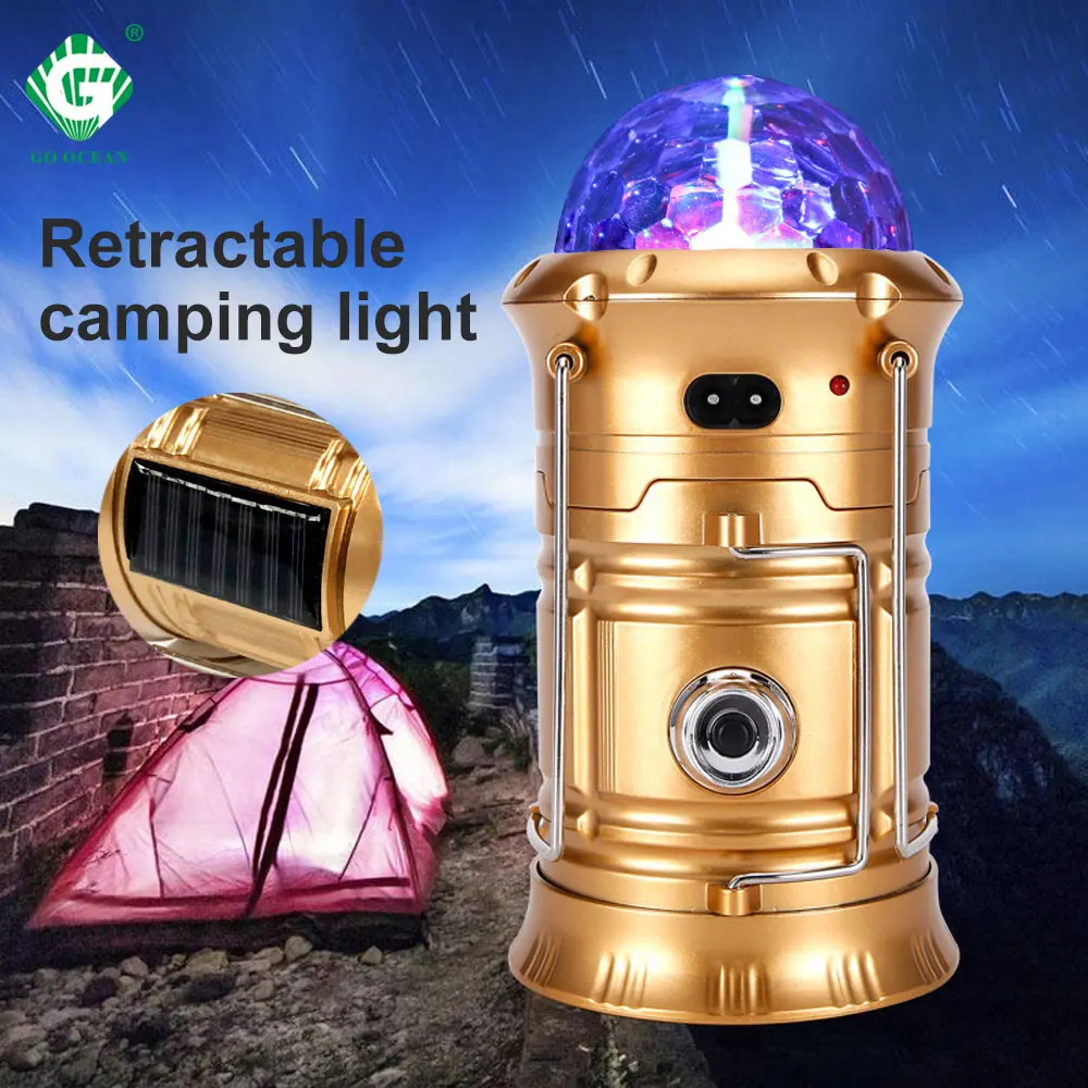

Portable LED Solar Camping Light Retractable Emergency Searchlignt Flashlight 220V Dazling Color Tent Lanterns Party Hiking Lamp