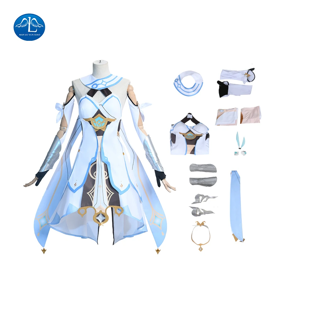 Genshin Impact Cosplay Costume Traveler Lumine Cosplay Costume Women White Costume Halloween Dress Stocking Belt Suit