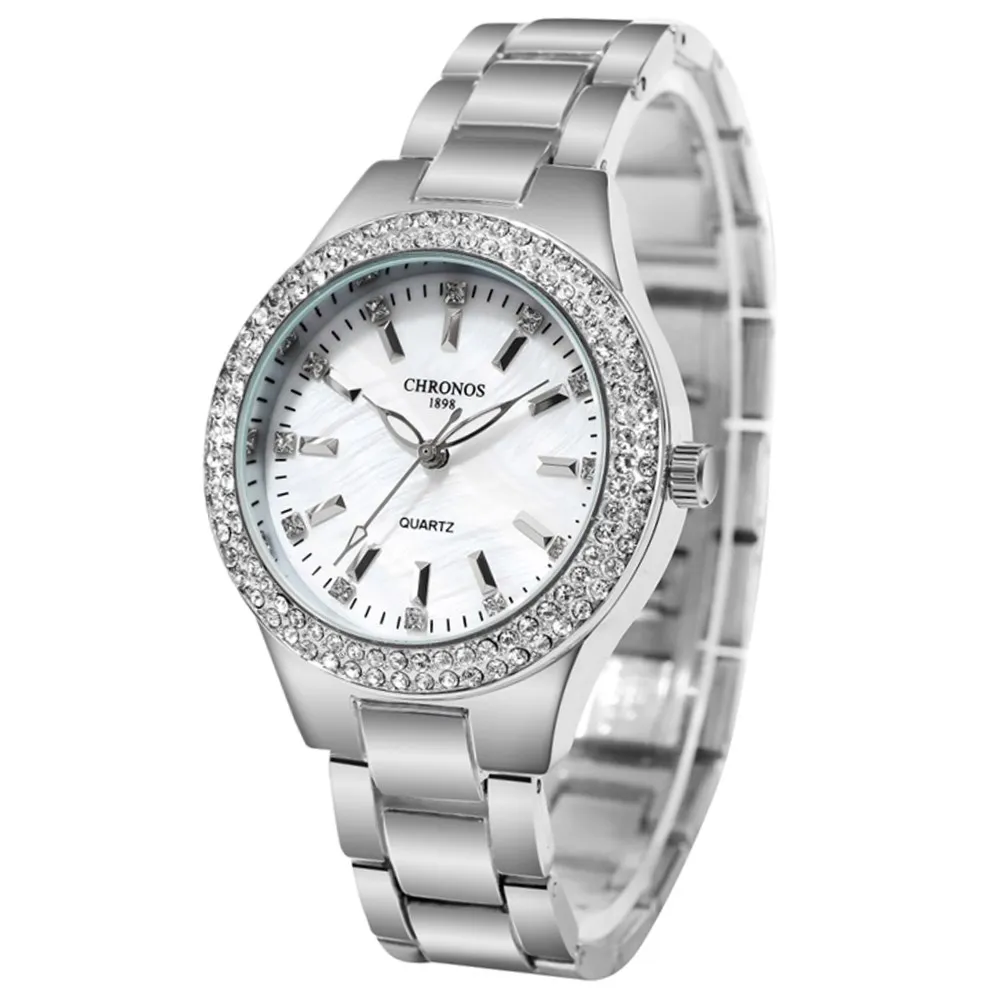 CHRONOS Women Watch Rhinestones Simple Dial Stainless Steel Folding 