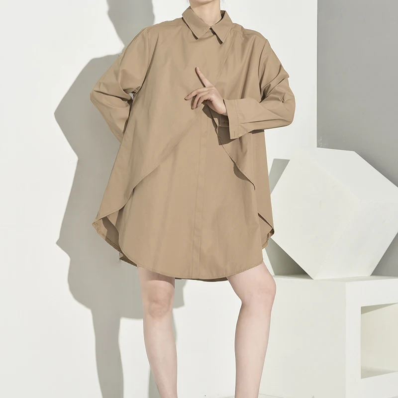 [EAM] Женская Асимметричная Длинная блузка цвета хаки с разрезом, новая свободная рубашка с отворотом и длинным рукавом, модная весенняя Осенняя 1B7220