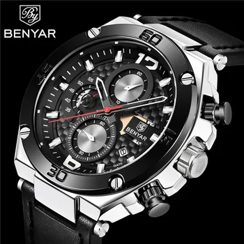 

BENYAR Top Luxury Brand Watch Men Analog Chronograph Quartz Wrist Watch leather Band Wristwatch Auto Date