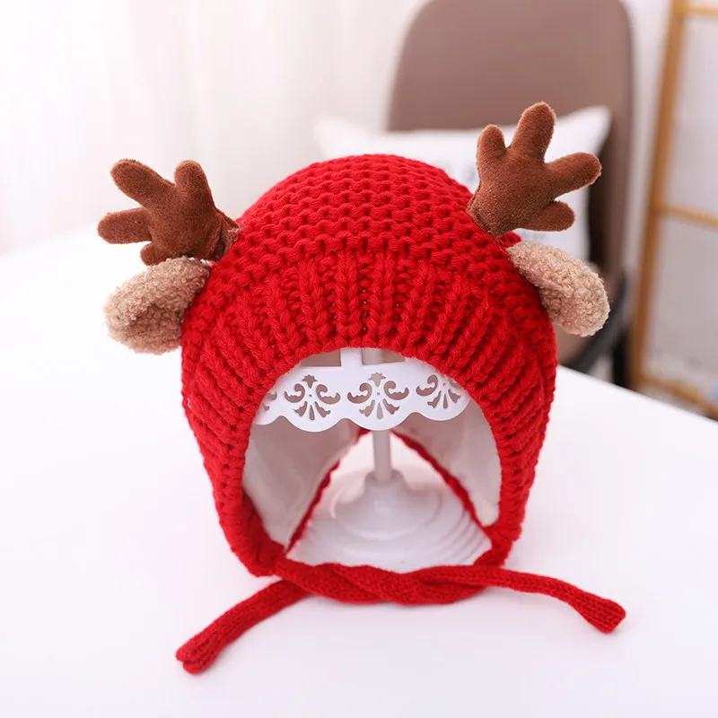 Cute Deer Elk Antlers Baby Hat Winter Warm Plush Knitted Ear Warmer Children Hat Bonnet Boys Girls Cap Beanie Christmas Hats