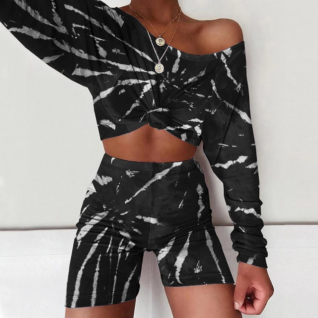 Summer Lady Tie Dye Long-Sleeved T-Shirt Suit Loose Shorts Exposed Navel  Mini Biker Shorts Casual Two Piece Sets Sport Outfits - AliExpress Women's  Clothing
