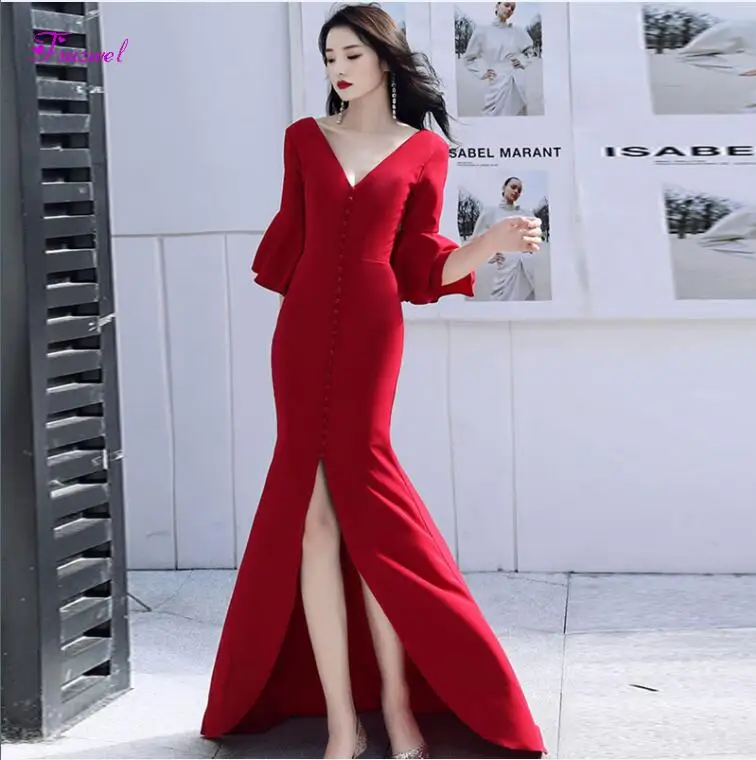 Красный Fsuzwel Sexy V-Neck Lace Up Long Mermaid Evening Dress Elegant Flare Sleeve Burgundy Prom Dress Party Gown Vestido de Festa - Цвет: Красный
