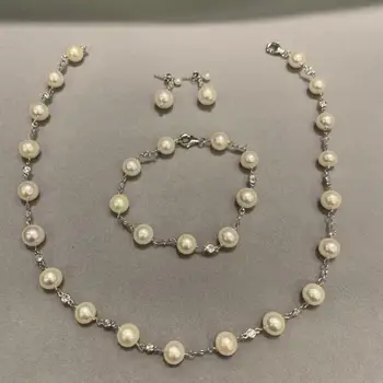 

9-10MM natural fresh water pearl flowing necklace 925 sterling silver jewelry set bracelet earring wedding fine jewelry