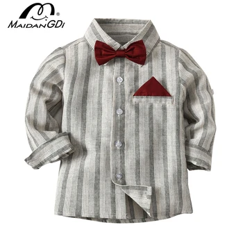 

MAIDANGDI Boys Long Sleeves Shirt Bow Tie Striped Blouse Children's Tops Camisa Kids Clothes Cotton Formal Age 2 4 6 8 Year