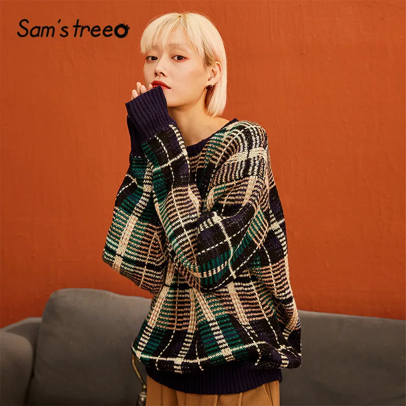 

SAM'S TREE Multicolor Plaid Brit Graphics Casual Knit Pullovers Sweater Women 2019 Winter Long Sleeve Vintage Female Daily Tops