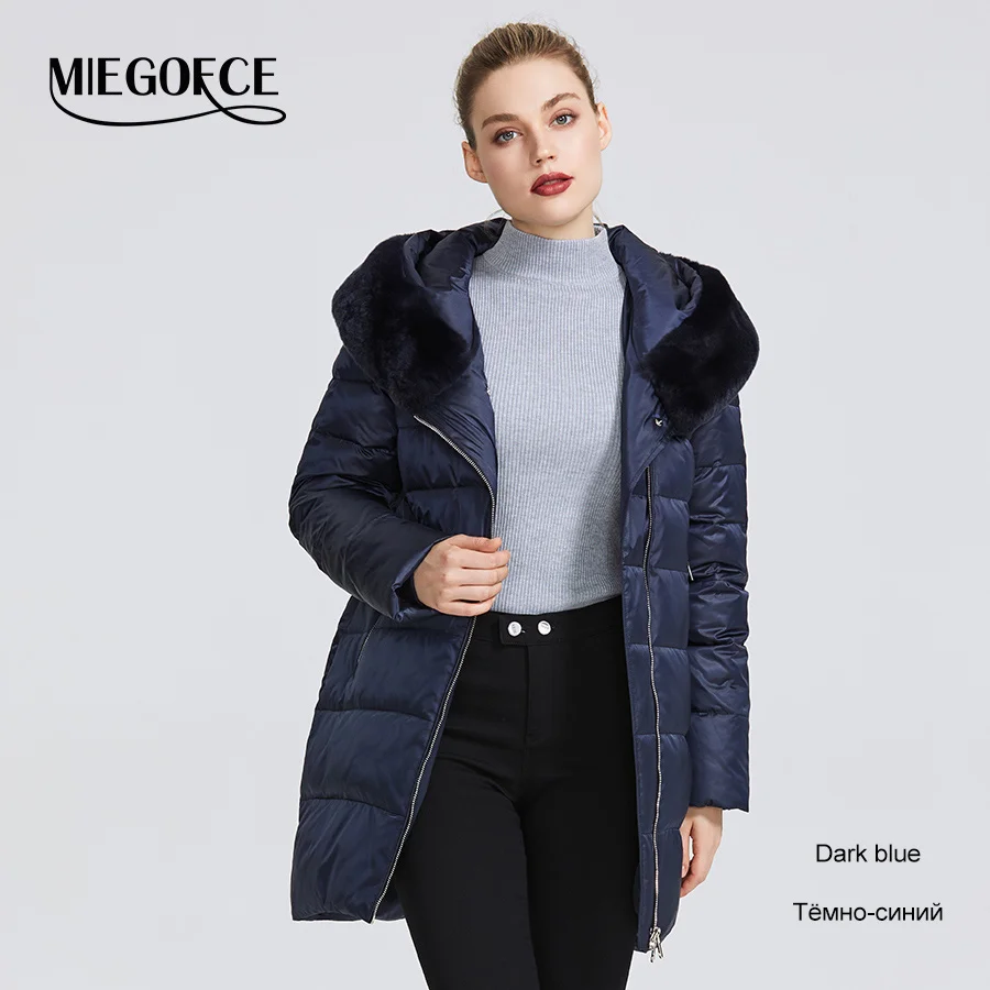 604 Dark Blue MIEGOFCE Зимняя женская коллекция женская теплая куртка и ощущение легкости куртка женская зима ветрозащитный стоячий воротник с капюшоном и кроличьим мехом кривая молния что придает этой модели особенный стиль - Цвет: 604 Dark Blue