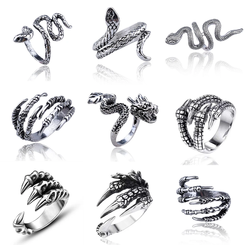 Anillo de estilo gótico para hombre y mujer, sortija de serpiente con diseño de garra de dragón y animales, Estilo Vintage, Punk, Hip Hop, apertura ajustable, regalo de joyería