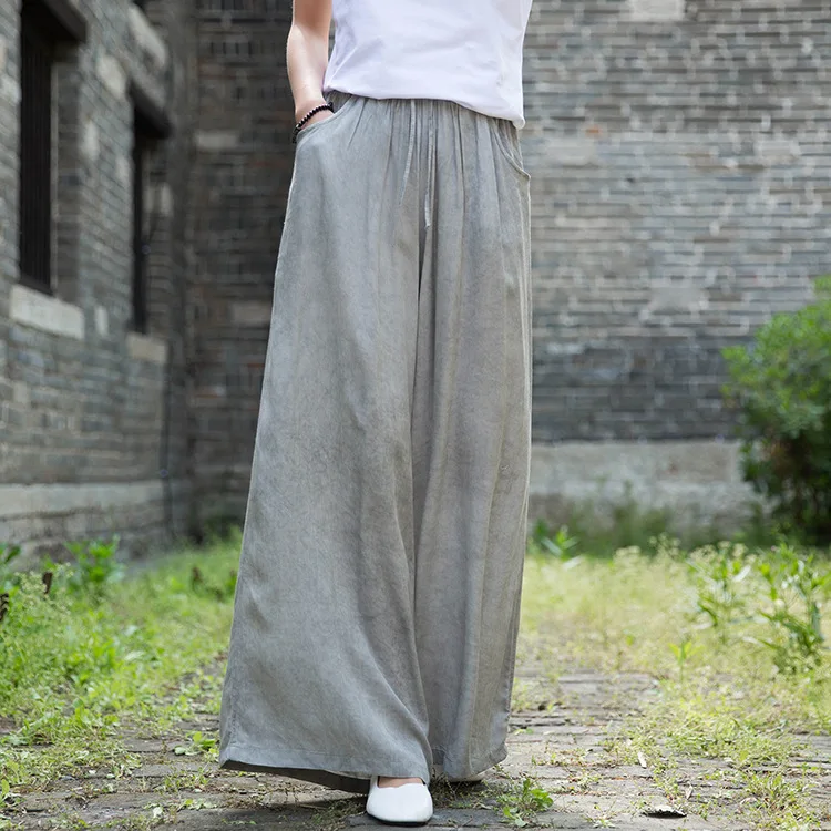 Johnature 2020 Autumn New Full Length Retro Elastic Waist Tie Dye Wide Leg Pants Loose Comfortable All-match Women Lace Up Pants