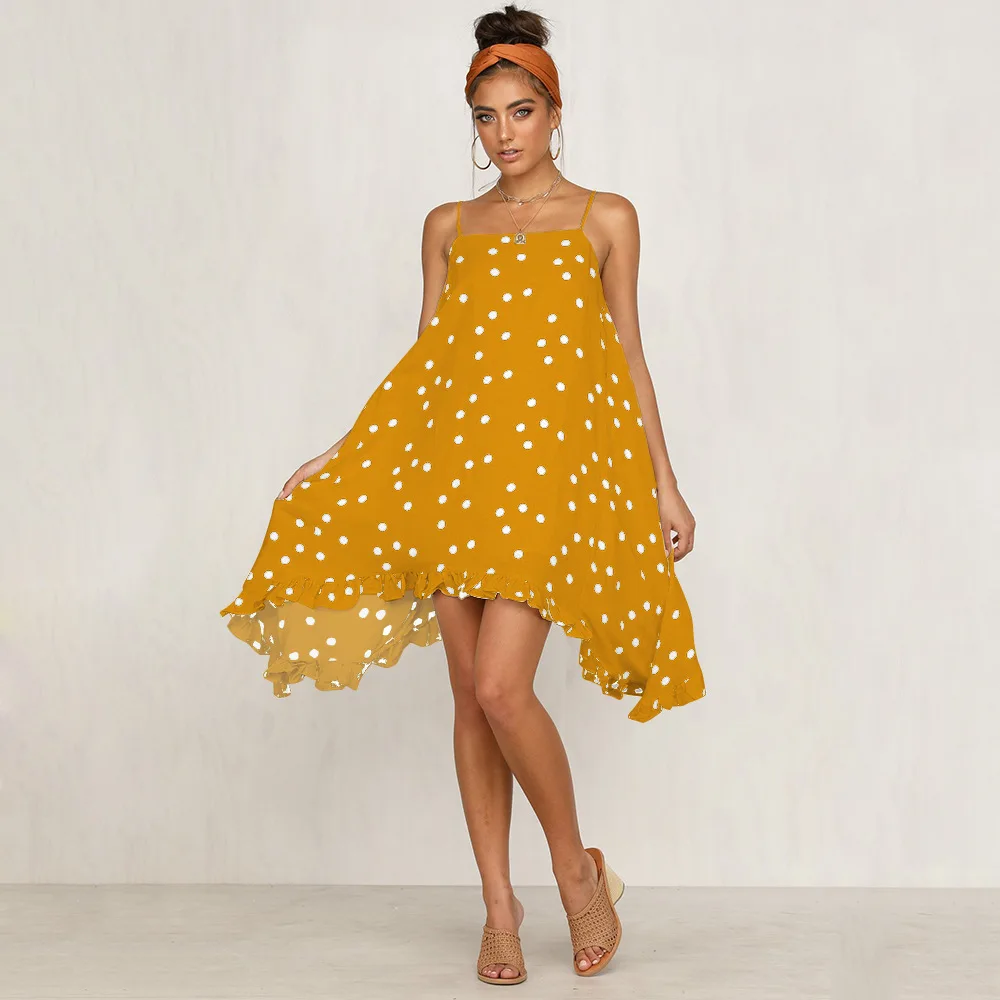 

Summer Polka Dot Dress 2019 Asymmetric Women Boho Dresses Spaghetti Strap Sleeveless Chiffon Long Beach Vestidos