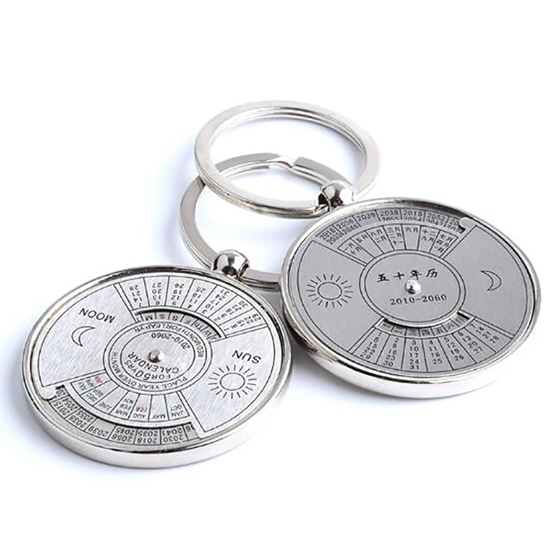 1PC Mini Perpetual Calendar 2019 Keychains Unique Metal Keyring Sun Moon Carving 2010 to 2060 Calendar Key Ring Customize LOGO metal key ring oval outdoor zinc alloy retractable buckle keychains cable buckle badge reel