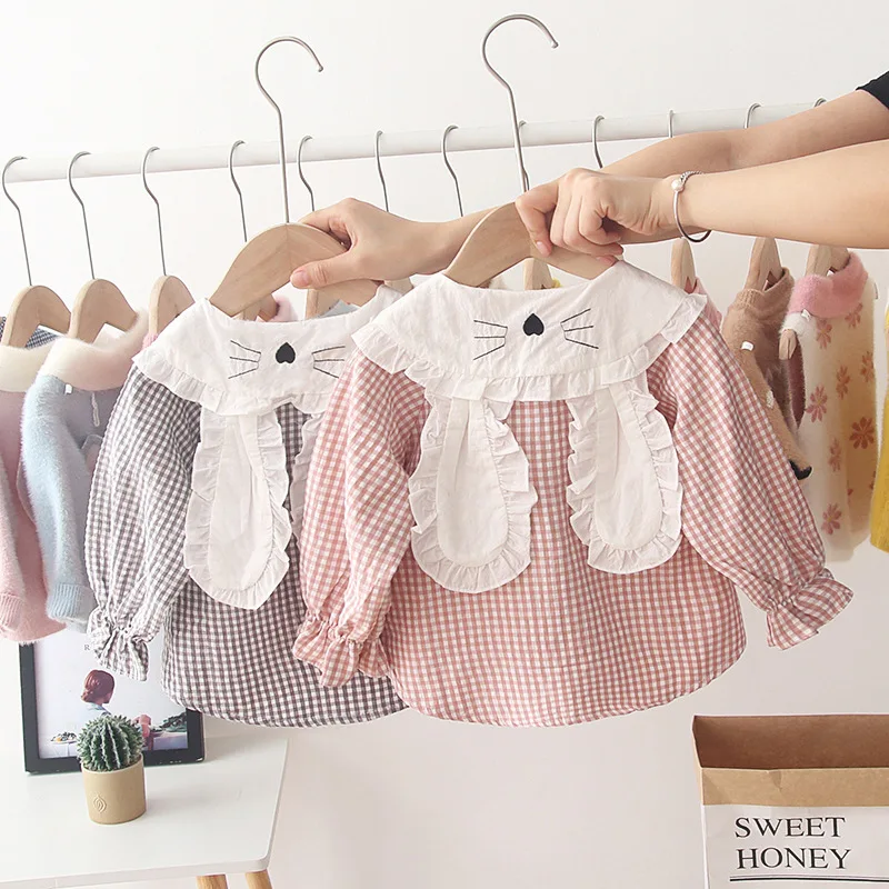 Осенняя клетчатая блузка с длинными рукавами и воротником с кроликом для маленьких девочек топы, Детские рубашки roupas de bebe