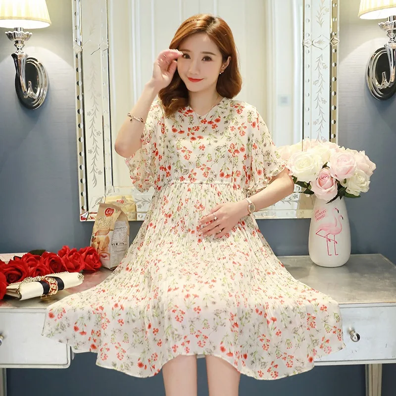 

Pregnant Women Dress New Style Short Summer Wear Sleeve Floral Chiffon Skirt Mid-length Maternity Dress Loose Tops