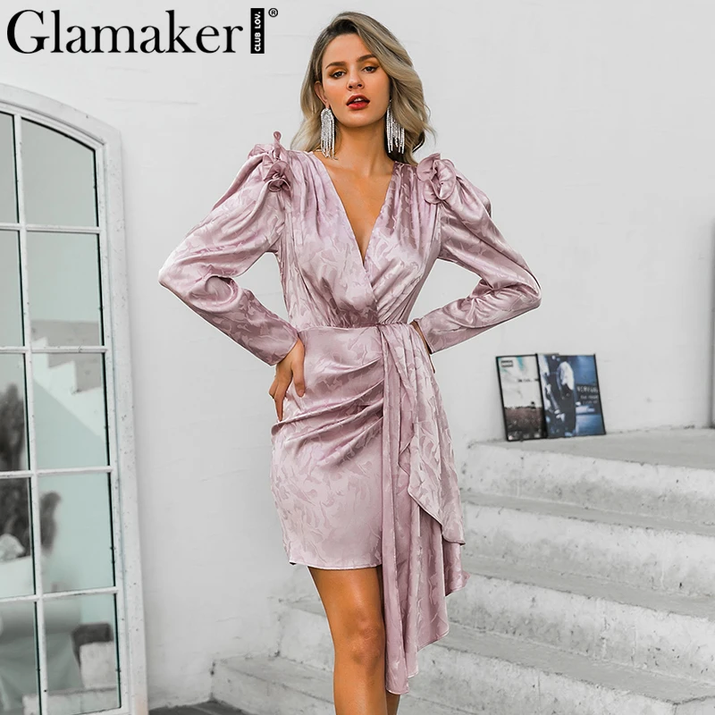 Женское жаккардовое платье с рюшами Glamaker элегантное лоскутное мини v образным