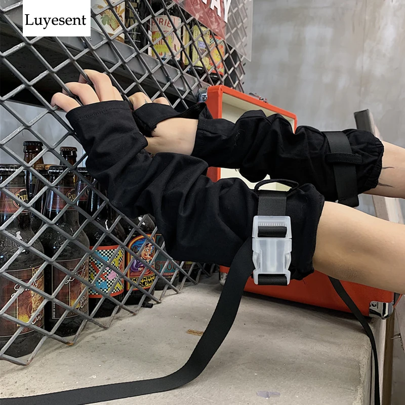 Cool Black Punk Unisex Fingerless Gloves Adjustable Cuff With Plastic Buckle Ninja Elbow Length Gothic Mittens Lady Arm Warmer