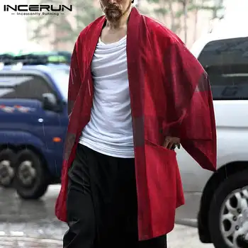 INCERUN 남성용 긴팔 오픈 스티치 블라우스, 빈티지 격자 무늬 가디건 셔츠, 레저 포켓, 기모노 탑, 스트리트웨어 S-5XL, 봄