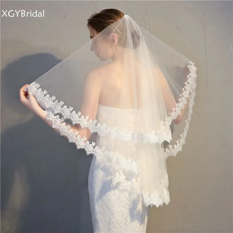 

New Arrival Two Layer bridal Veil bride Ivory Lace Appliques Cheap Wedding accessories Short voile mariage welon Matrimonio