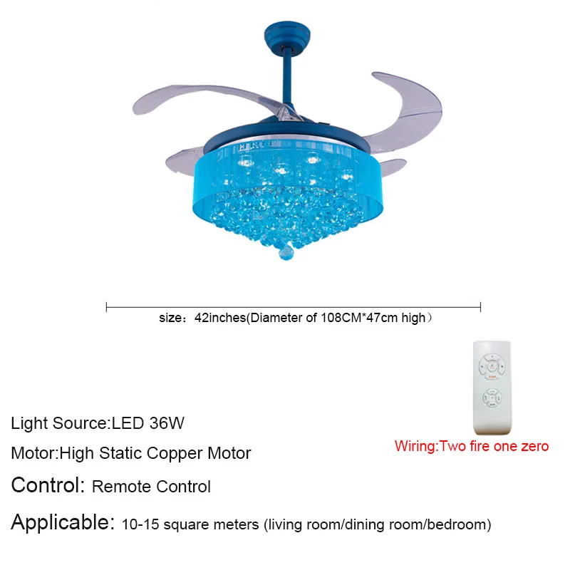 Кристальный потолочный вентилятор декоративный серебристый веер корпус выдвижные лопасти вентилятор светильник для гостиной светодиодный вентилятор Хрустальная столовая - Цвет лезвия: blue color