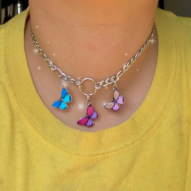 Ошейник с бабочкой для женщин Harajuku в стиле панк из нержавеющей стали Collares Симпатичные Kawaii хип хоп готические Подвески ожерелье для женщин