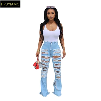 

High Quality Hollow Out Ripped Jean For Women Fashion High Waist Bell Bottom Trouser Streetwear Blue Night Club Party Denim Pant