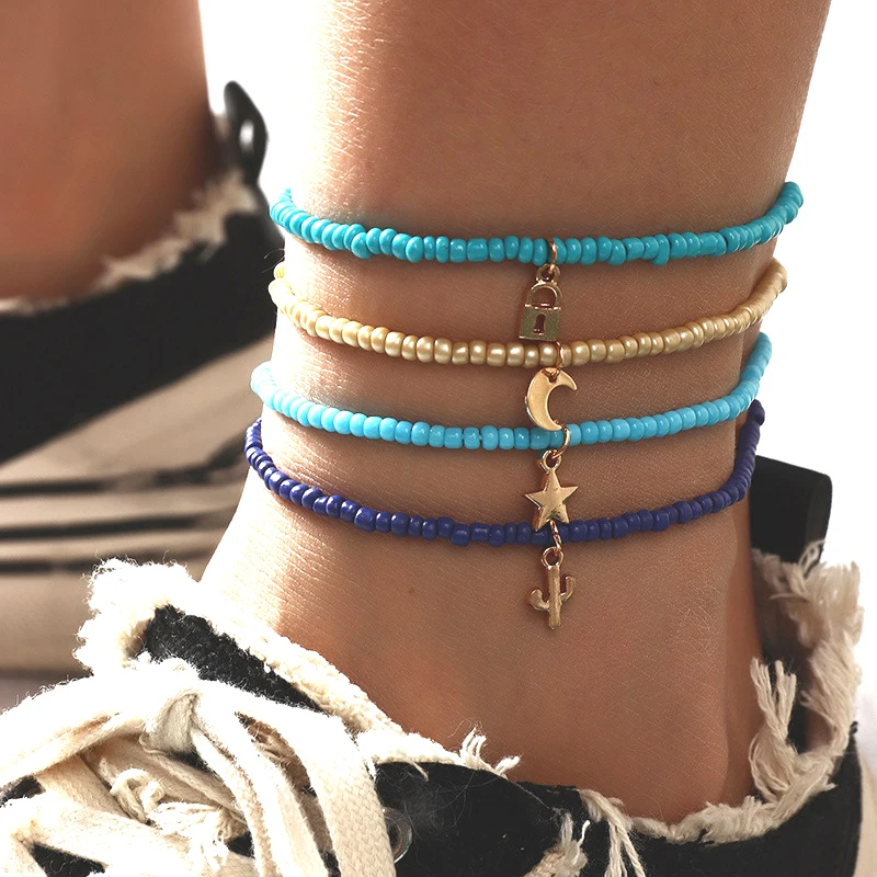 4pcs/Set Bohemia Handmade Beads Anklet Moon Star Pendant Elastic Barefoot Chain Foot Jewelry For Women Summer Beach Accessories - Image 2