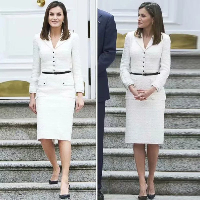 Letizia Подиум Дизайнер Высокое качество осень новая женская мода рабочие вечерние сексуальные повседневные винтажные элегантные шикарные твидовые белые платья