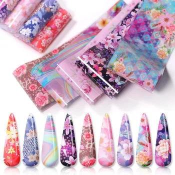 

10Pcs/Set Pink Rose Flowers Nail Foils Summer Theme Nail Art Transfer Sticker Paper Tropical Beach DIY Nail Decoration