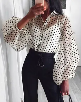 

Meihuida Women Polka Dot Retro Blouse Lady Early Autumn Modern Mesh Shirt Vogue See-through Loose Button Puff Sleeve Blouse