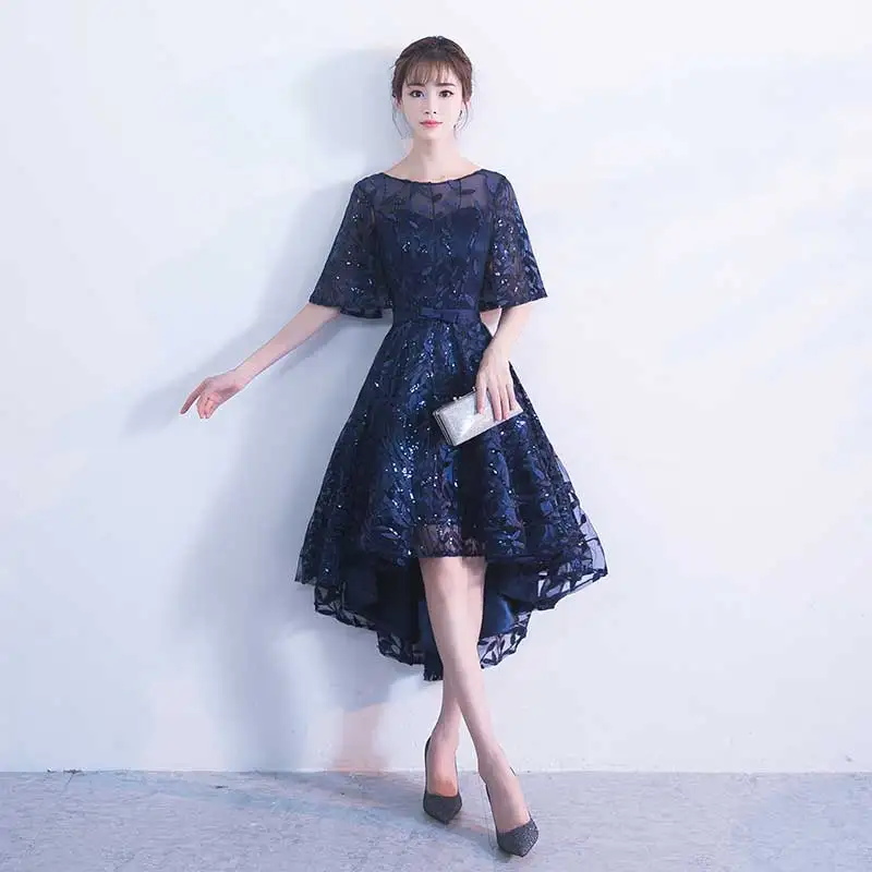navy blue Темно-синие платья для выпускного вечера Элегантные Простые кружевные женские Короткие вечерние платья с круглым вырезом и блестками размера плюс - Цвет: navy blue