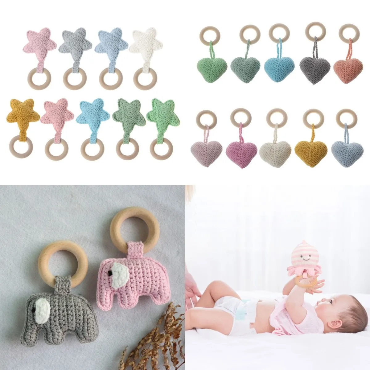 Baby Teether Crochet Wooden Ring Rattle For Products DIY Crafts Teething Amigurumi Toys | Мать и ребенок