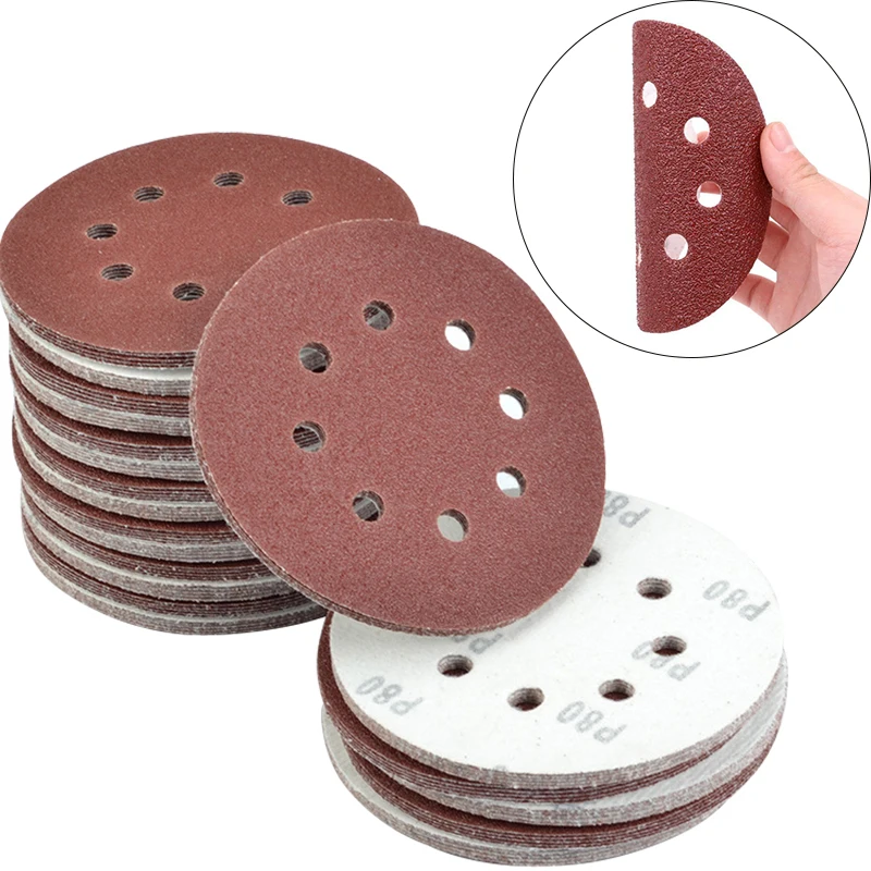 50PCS 5Inch 8 Hole Hook And Loop Round Sanding Disc Sandpaper 60-240 Grit Strong grinding force